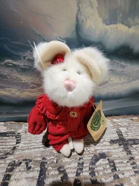 Stuffed White Bunny Plush in Red Outfit - Classic Small Pet Toy